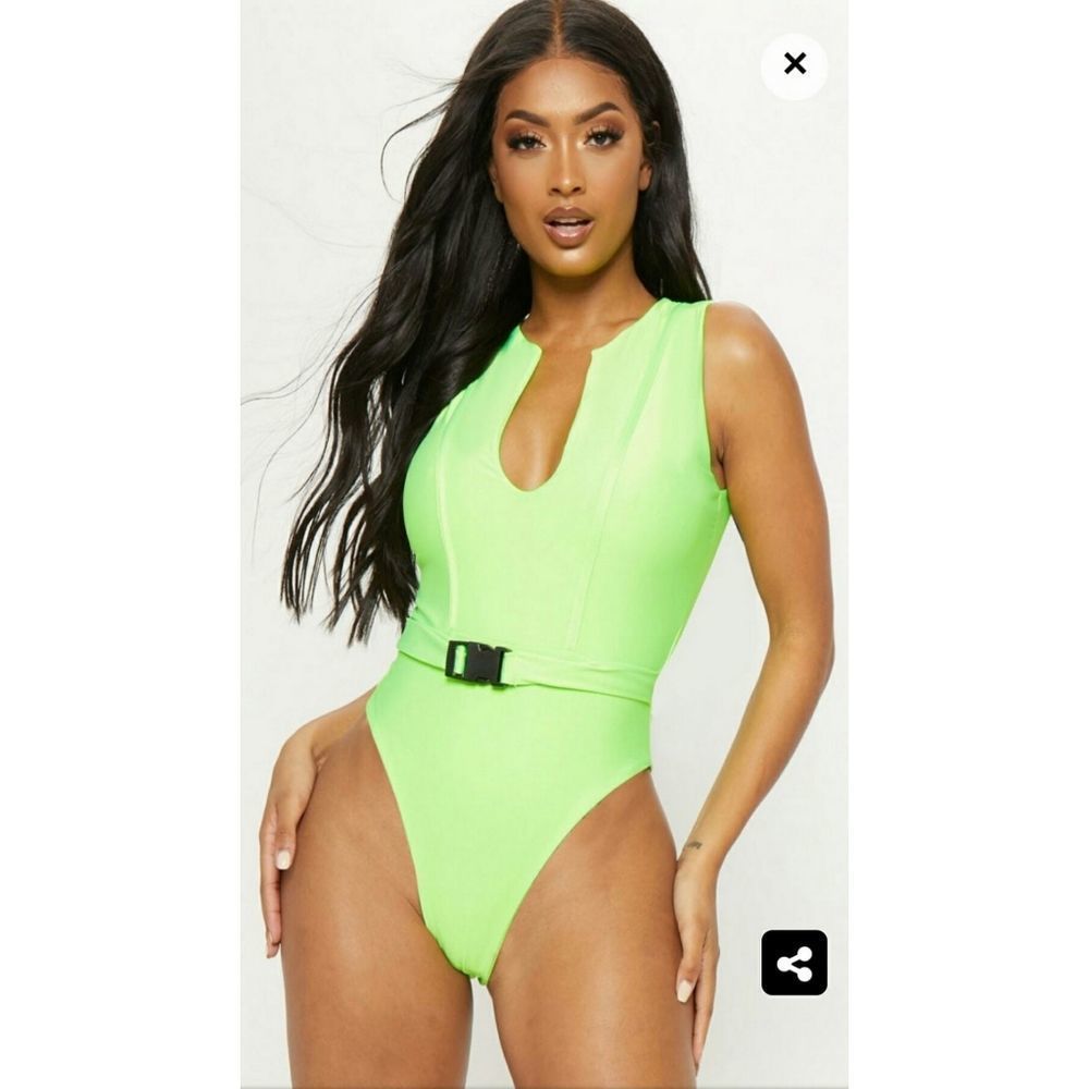 PrettyLittleThing Shape Neon Lime V Neck Buckle Waist Swimsuit Size 6